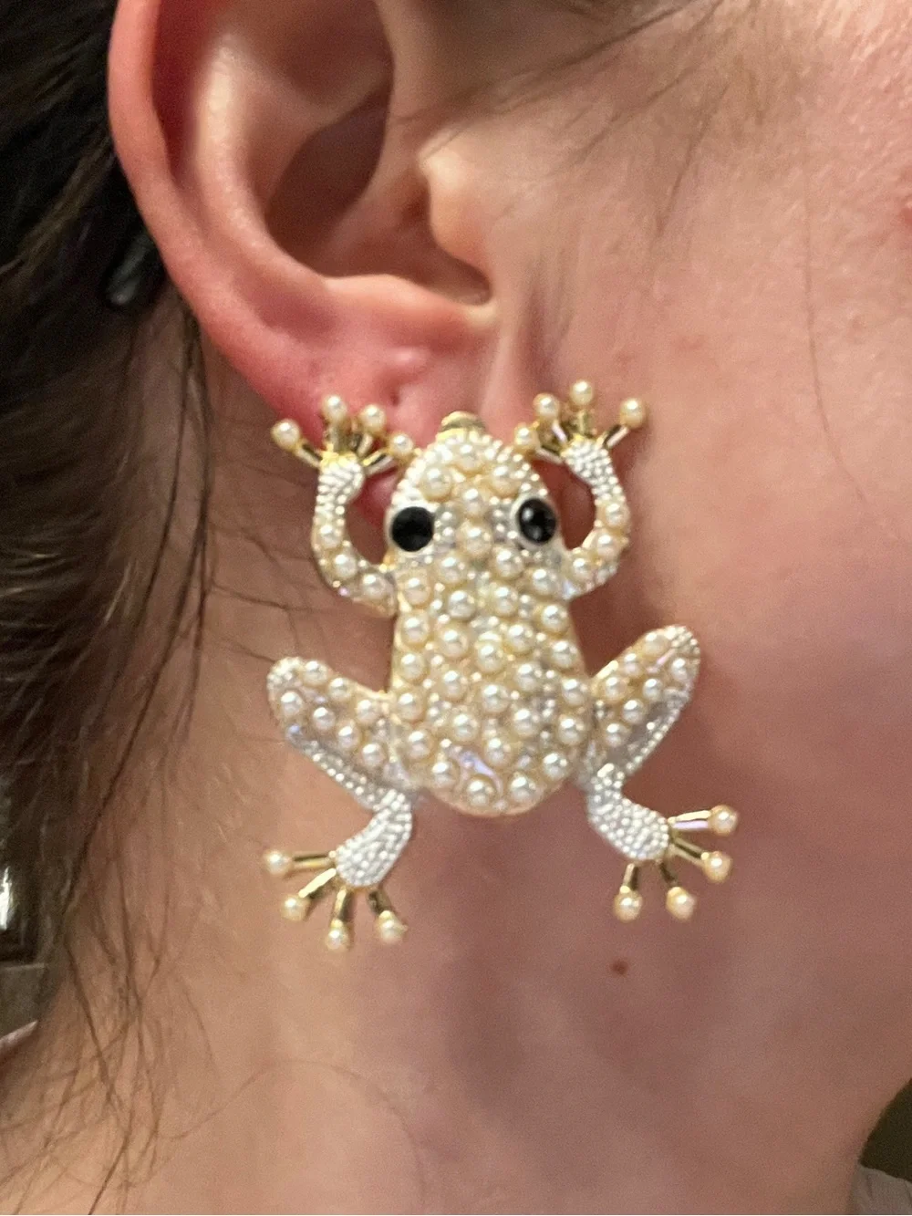 Faux Pearl, Gold Frog‎ Dangle Earrings